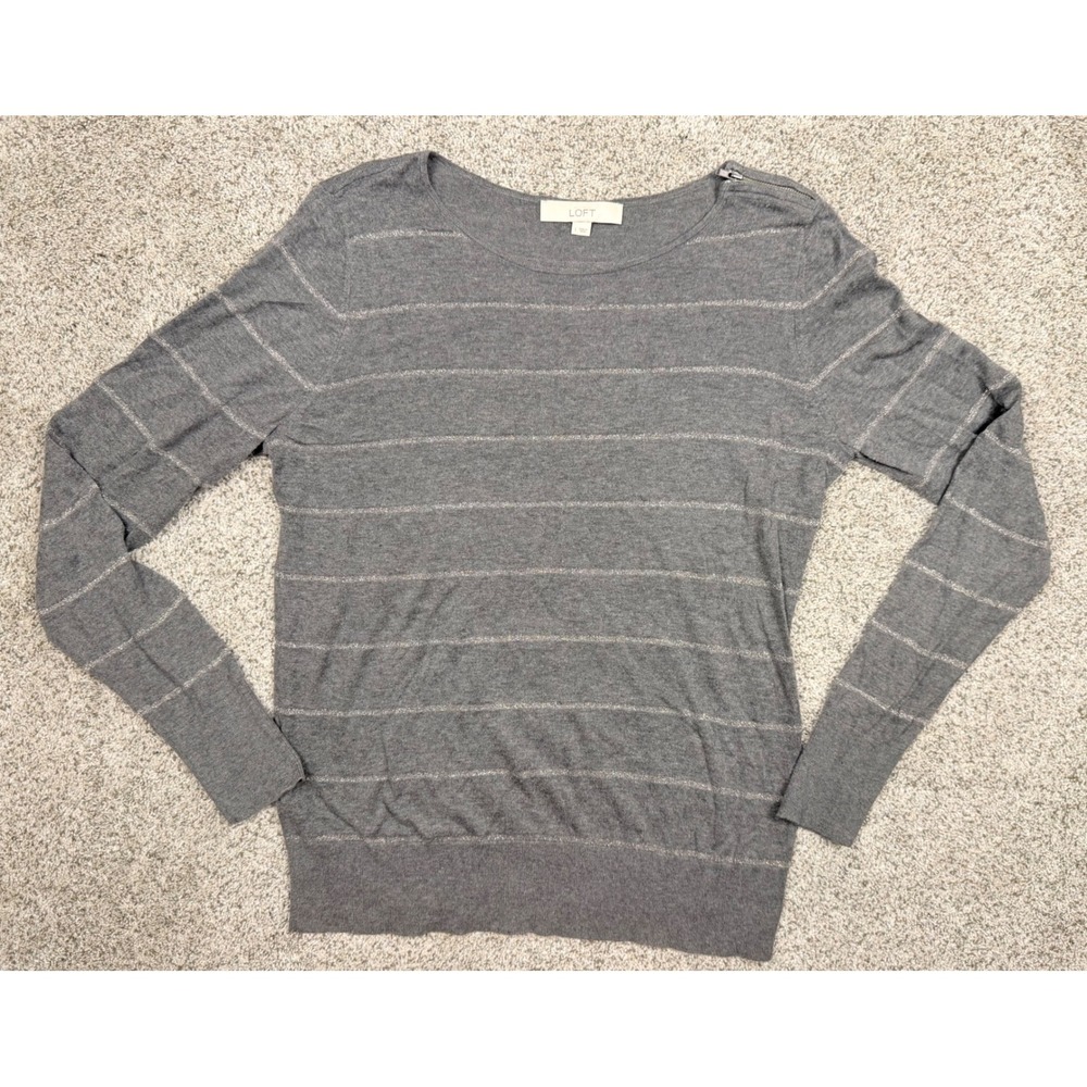 Loft Sweater Large Gray Metallic Striped Shoulder Zipper Knit Pullover L Casual